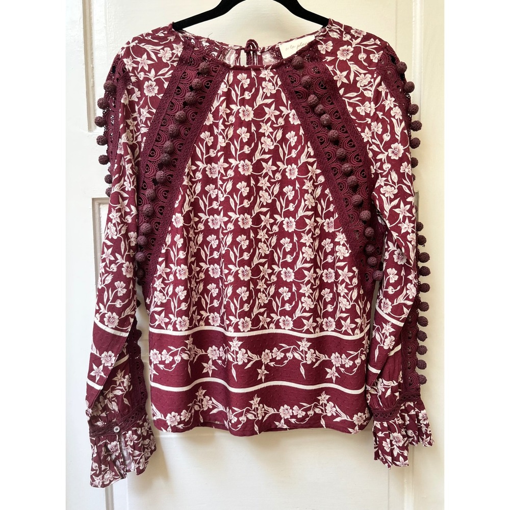 A La Plage Burgundy Floral Pom Pom Crochet Lace Long Sleeve Blouse Medium